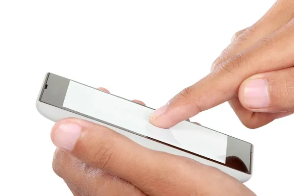 Mano celebración de teléfono inteligente móvil con pantalla en blanco — Foto de Stock