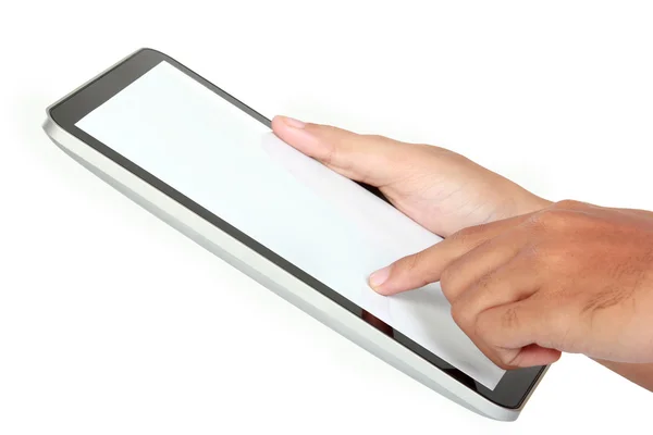 Mani che tengono e toccano su tablet pc — Foto Stock