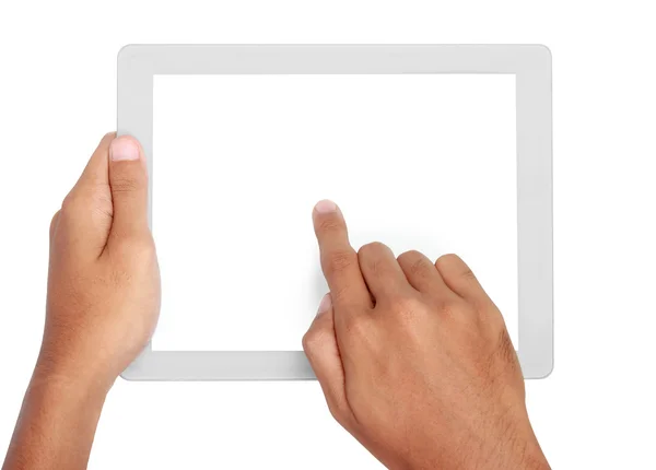 Mains tenant et touchant sur tablette pc — Photo