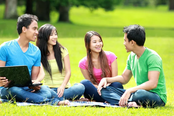 Groupe de jeunes étudiants utilisant un ordinateur portable en plein air — Photo