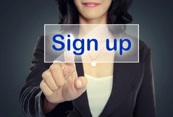 Woman push to Sign Up button — Stock Photo, Image