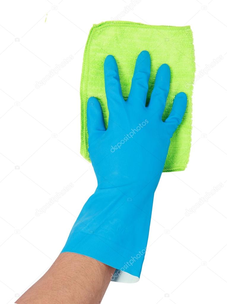 hand with glove using cleaning mop to clean up