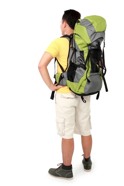 Male hiker with backpack shoot from behind — Stock Photo, Image