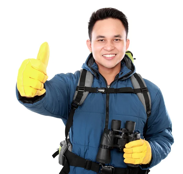 Hiker man tourist with thumb up — Stock Photo, Image