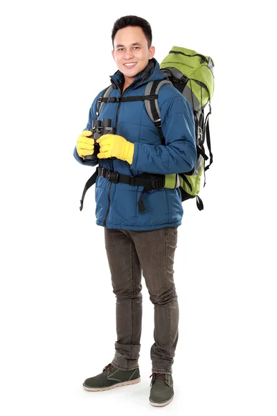 Hiker man tourist with binoculars — Stock Photo, Image