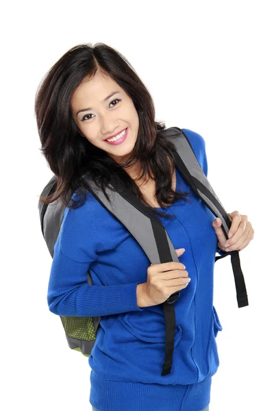 Attraktive junge glückliche Studentin mit Tasche — Stockfoto