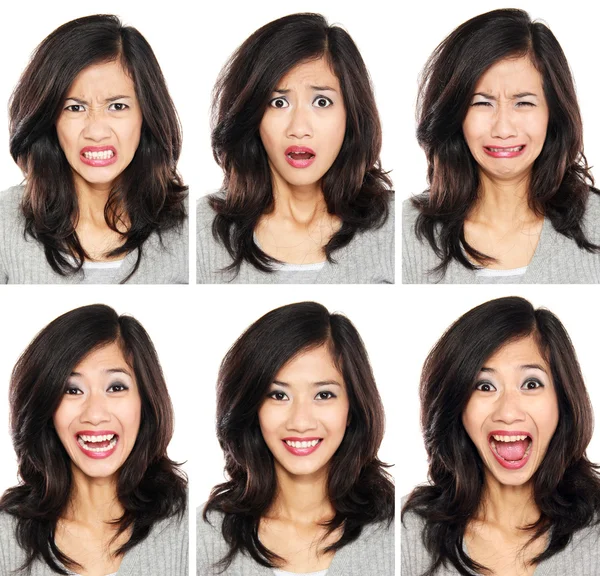 Kvinna med olika ansiktsuttryck — Stockfoto