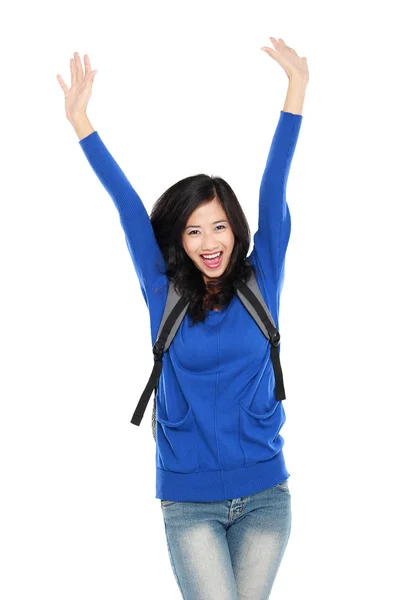 Atractiva joven estudiante feliz con bolsa levantó el brazo — Foto de Stock