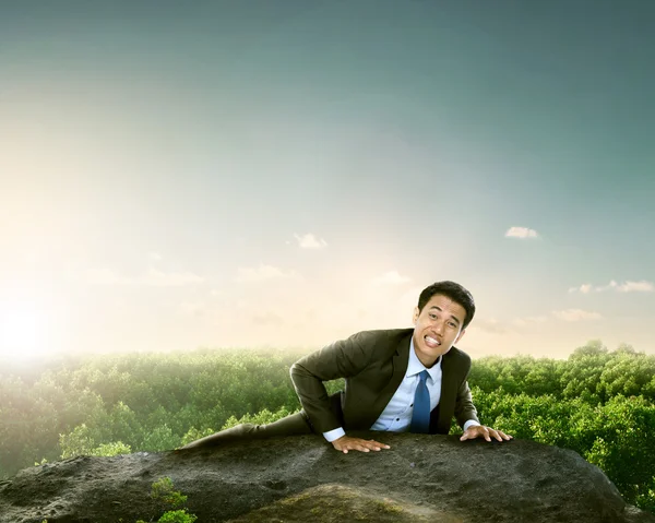 Businessman climbing mountain high — Stock Photo, Image