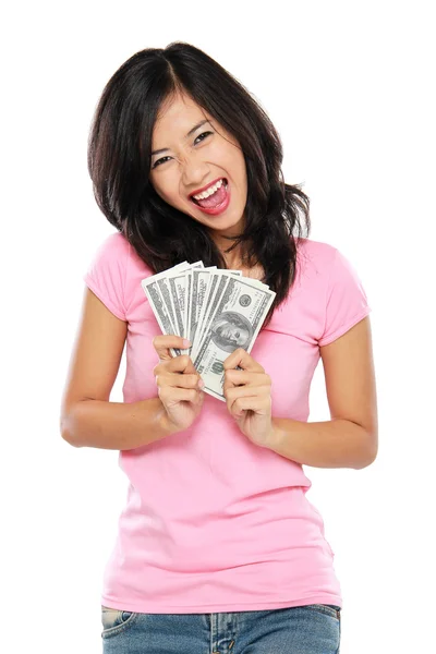 Frau zeigt Geld isoliert auf weißem Hintergrund — Stockfoto