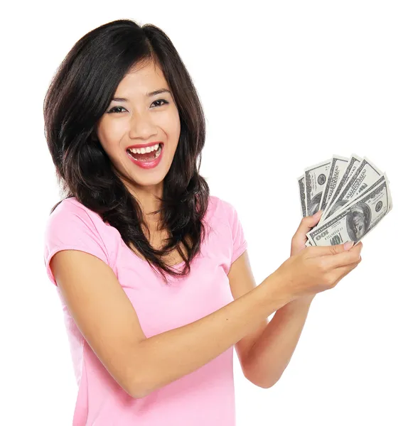 Mulher mostrando dinheiro isolado no fundo branco — Fotografia de Stock