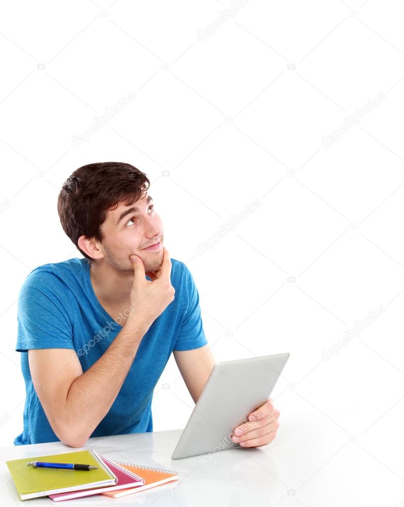 College student Thinking looking up to the empty blank space