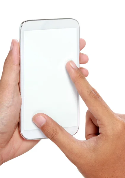 Mano celebración de teléfono inteligente móvil con pantalla en blanco —  Fotos de Stock