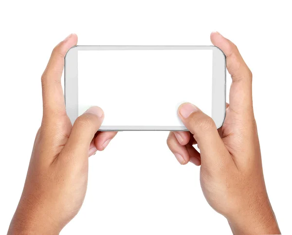 Mão segurando telefone inteligente móvel com tela em branco — Fotografia de Stock