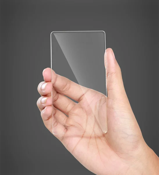 Руки держат футуристический прозрачный мобильный телефон — стоковое фото