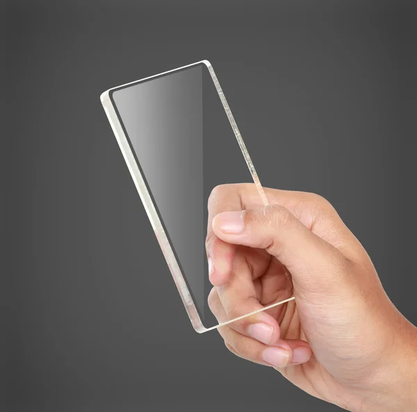 Hands holding futuristic transparent mobile phone — Stock Photo, Image