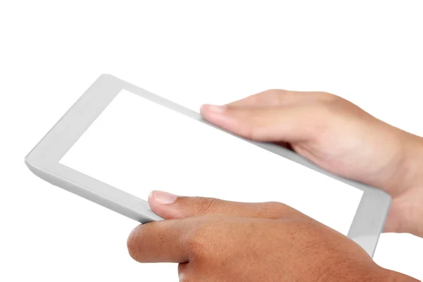 Foto de um tablet segurado por duas mãos — Fotografia de Stock
