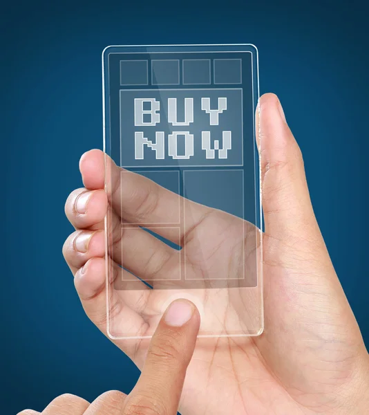 Köp nu på transparent mobiltelefon — Stockfoto