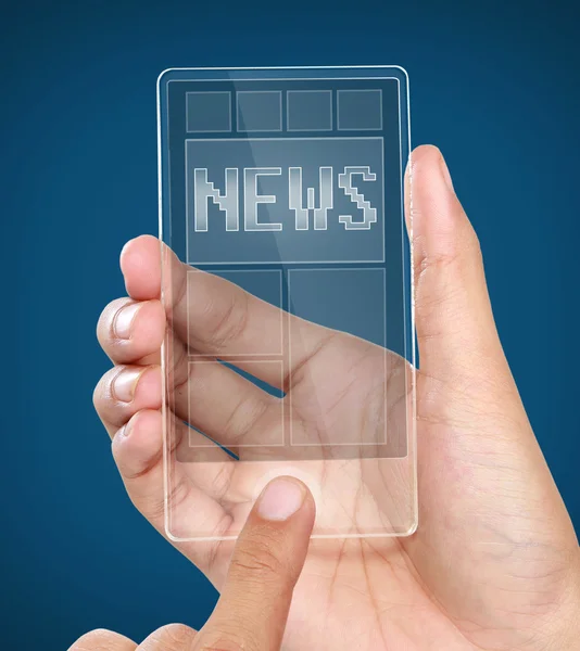 Modern transparent mobile smart phone with news on screen — Stock Photo, Image