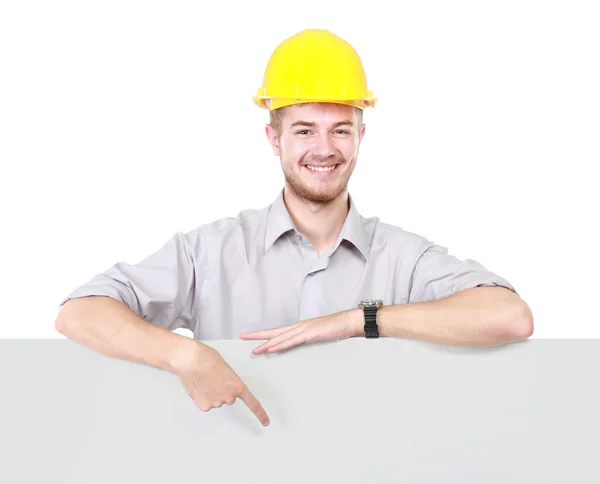 Jonge man met lege billboard dragen van harde hoed — Stockfoto
