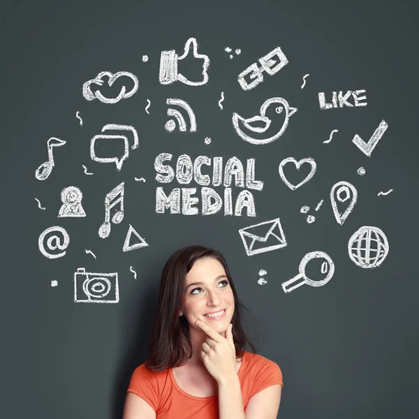 Woman with Hand drawn illustration of social media concept — Stock Photo, Image