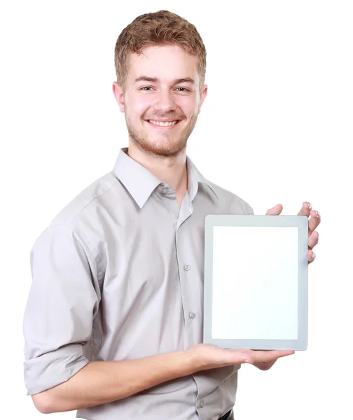 Homem de negócios bonito apresentando usando tablet em branco pc — Fotografia de Stock