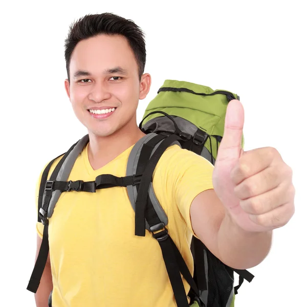 Hiker man tourist with thumb up — Stock Photo, Image
