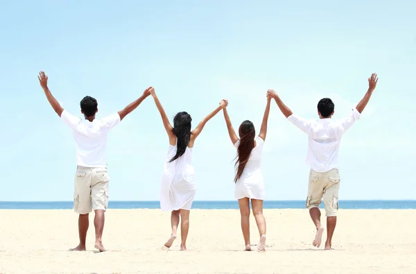 Best friend in white together holding and raise each other hand — Stock Photo, Image