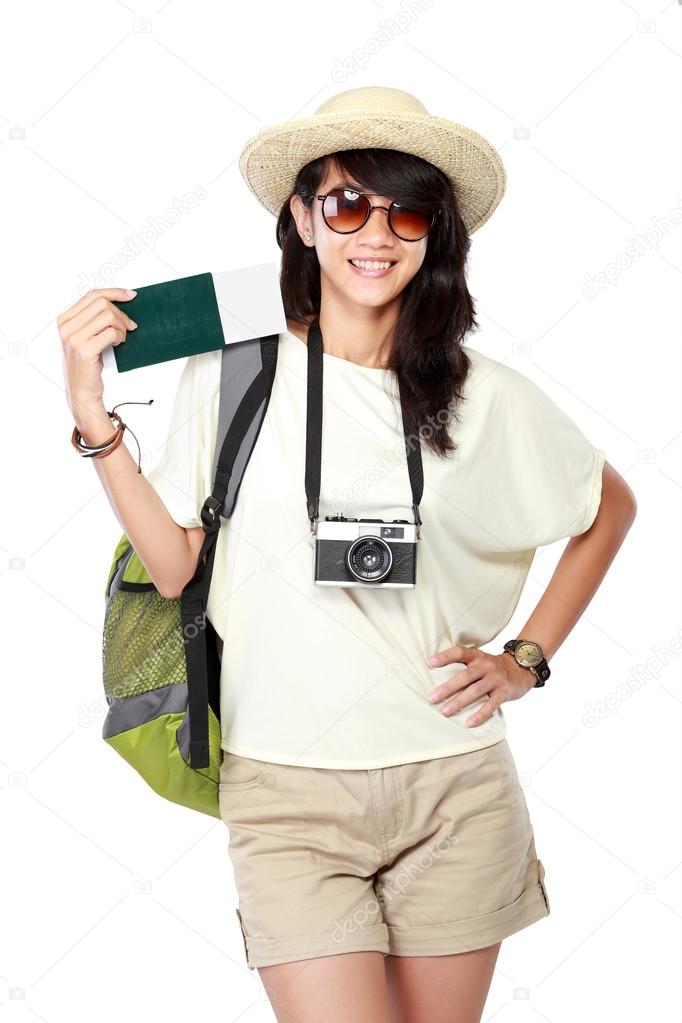 Happy female ready to go on vacation