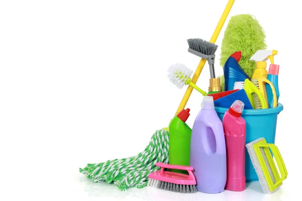 Cleaning supplies in bucket — Stock Photo, Image