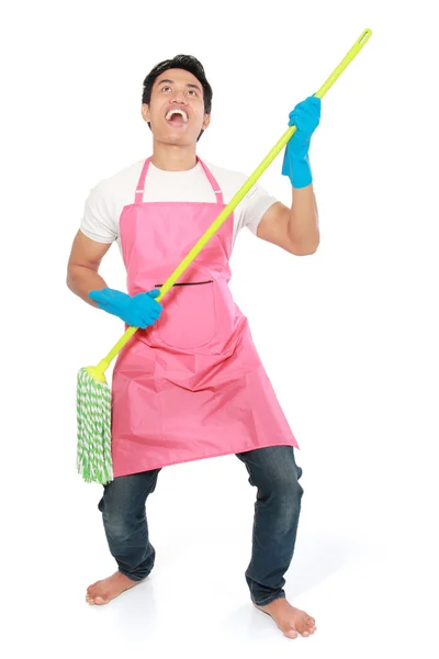 Man happy excited during cleaning — Stock Photo, Image