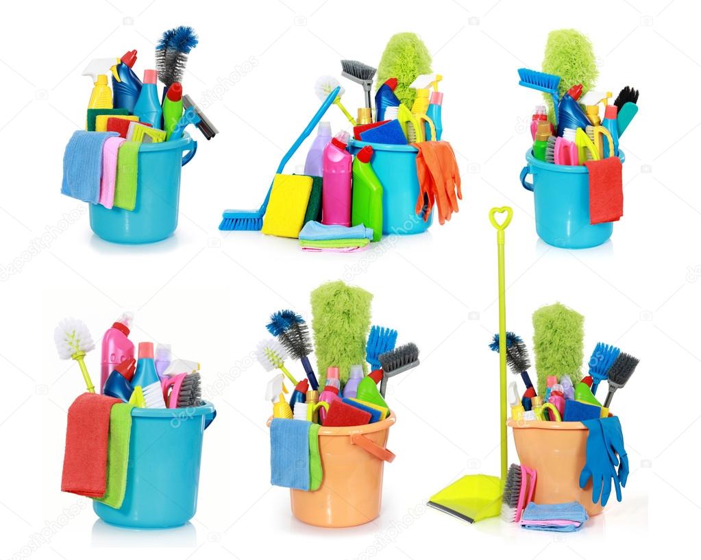 Cleaning supplies isolated on white background