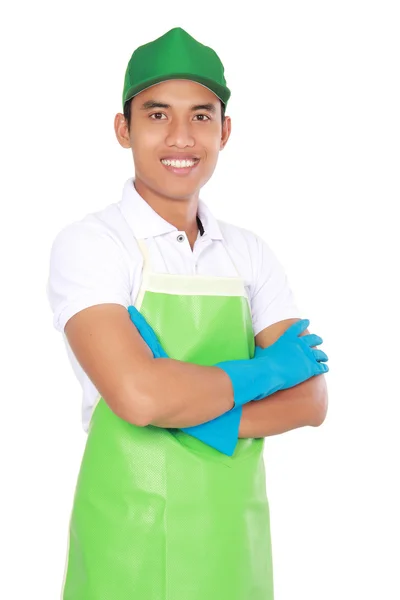 Portrait of young man ready to do some cleaning — Stok Foto