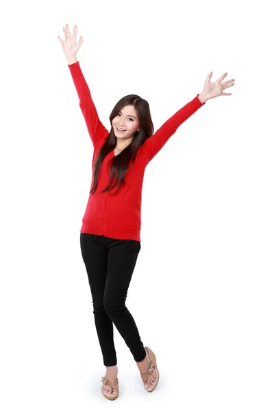 赤を着て幸せなアジアの魅力的な女の子 — ストック写真