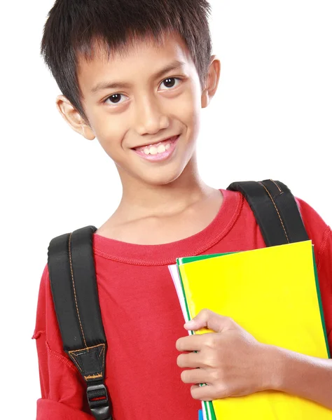 Portrét chlapce s úsměvem a batoh — Stock fotografie