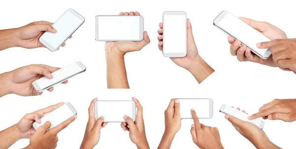 Conjunto de mano celebración de teléfono inteligente móvil con pantalla en blanco — Foto de Stock