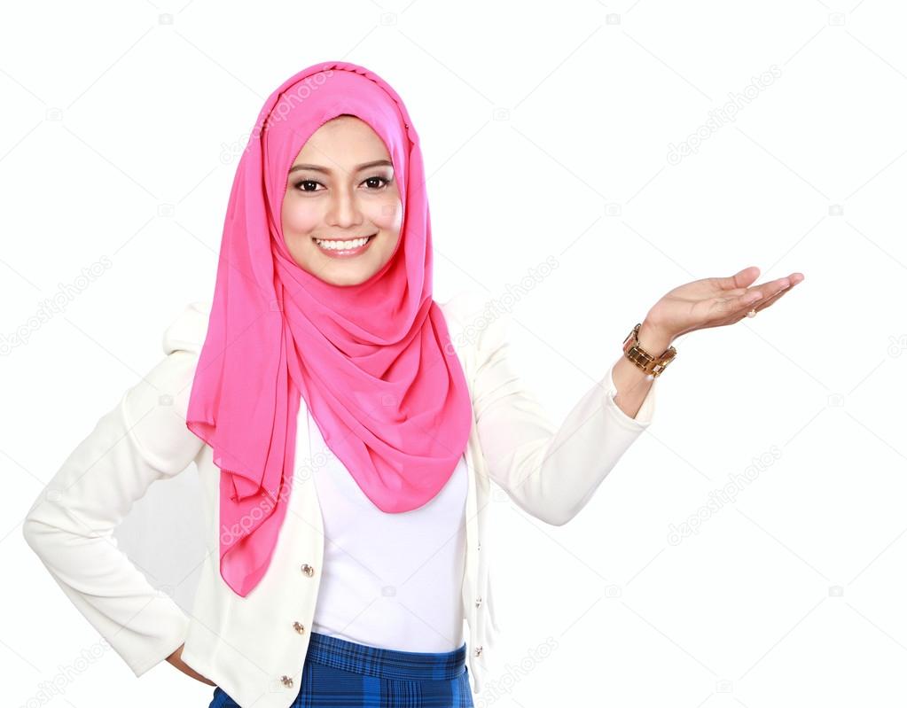 asian woman with scarf presenting 