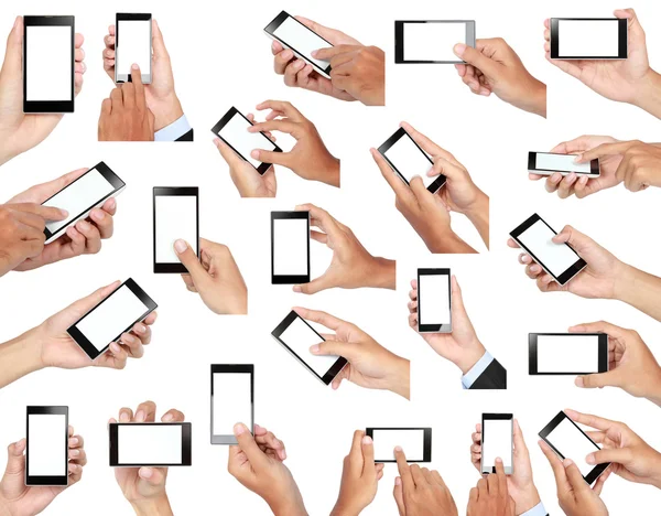 Conjunto de mano celebración de teléfono inteligente móvil con pantalla en blanco —  Fotos de Stock