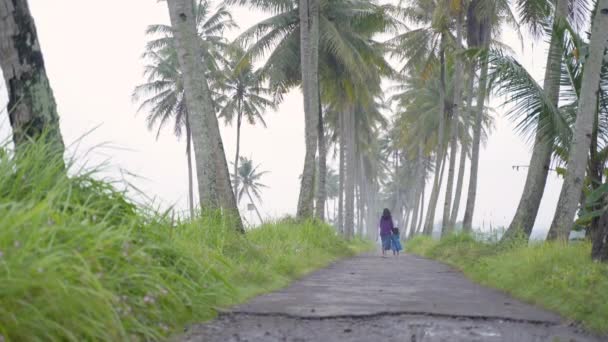 Мама і дочка гуляють по кокосовій дорозі — стокове відео