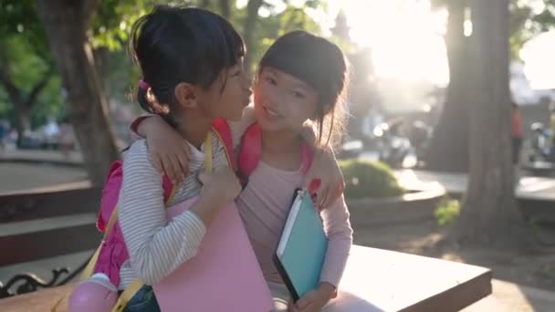 Twee gelukkig aziatische student vriend genieten van studeren in het park — Stockvideo