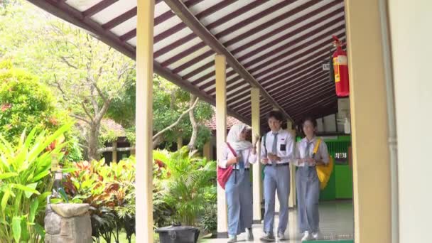 Mahasiswa dengan seragam memegang smartphone sambil berjalan bersama-sama di koridor — Stok Video