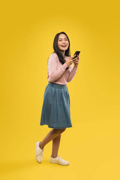 Attraente donna con capelli sciolti sorridente messaggio digitando utilizzando smartphone — Foto Stock