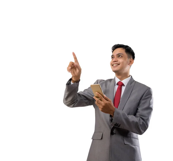 Happy young man business showing blank space isolated — Stock Photo, Image