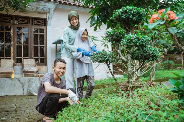 Азиатский мальчик улыбается во время семейного садоводства в домашнем саду — стоковое фото