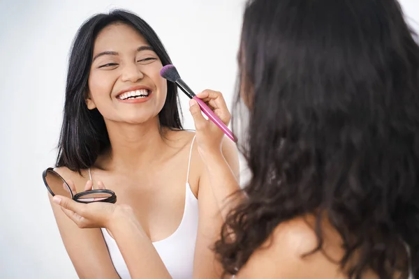 Beautiful happy asian friend while doing make up together — Stock Photo, Image