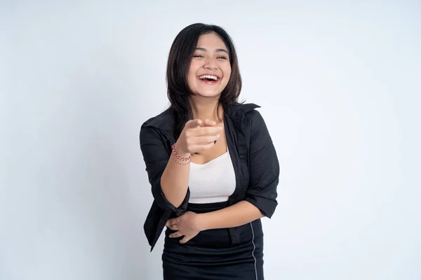 Asian young woman with finger pointing hand gesture — Stock Photo, Image