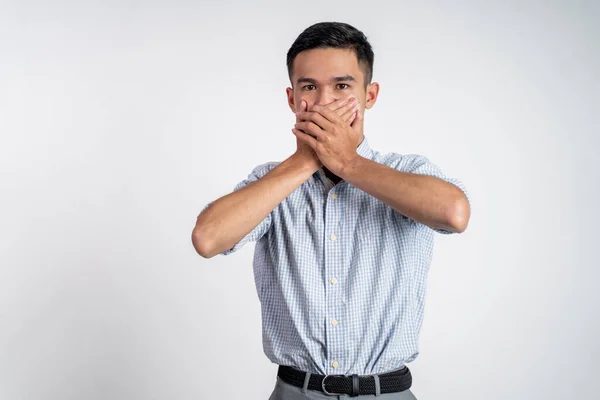 Man cover his nose and feeling disgusted by the smell — Stock Photo, Image