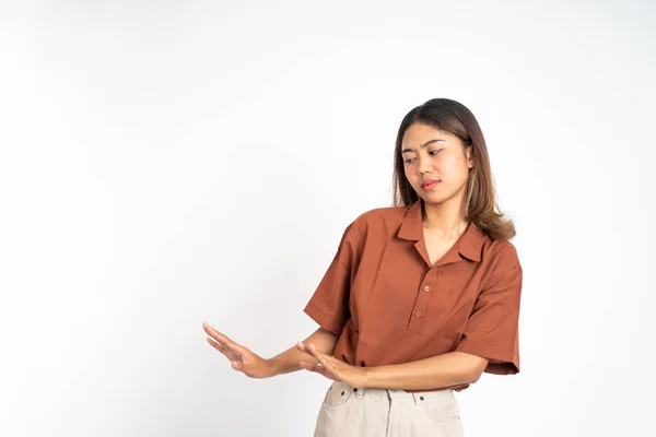 Woman refusing with both palms gesture over isolated background — Stock Fotó