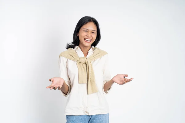 Excited beautiful woman feeling joy laughing on isolated background — Stockfoto