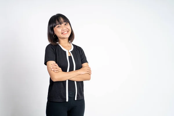 Asian ethnicity female looking at camera smiling with fun gesture — Stockfoto